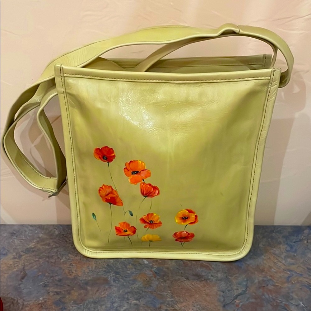 Light Chartreuse Leather Shoulder/Crossover Bag with Hand Painted Art